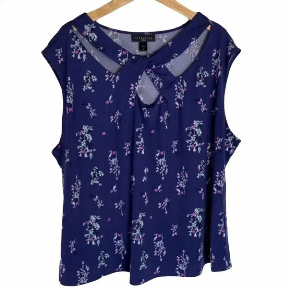 Attention Plus Blouse 3X Navy Blue Floral Cut-Out Twist Front Sleeveless Top